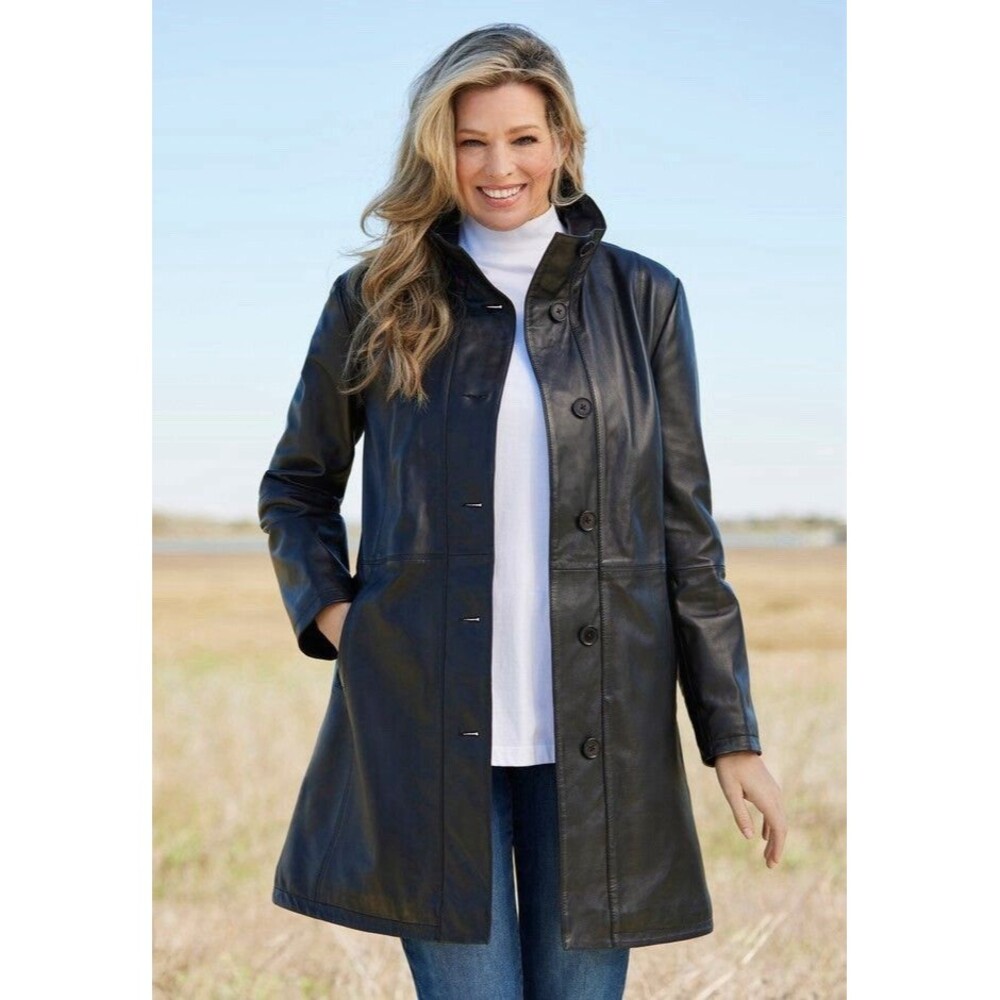 Woman Within Plus Size Black Leather Button Front Swing Coat Size 42/44 NWT